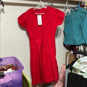 Acevog Red Fit and Flare Dress with Flutter Sleeves
